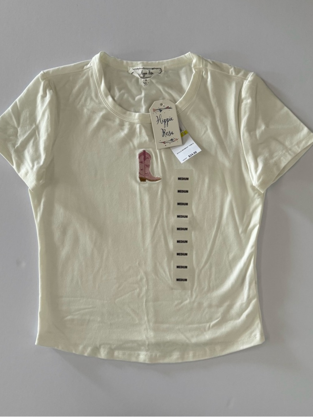 Hippie Rose Cream Short Sleeve Tee with Pink Boot Patch